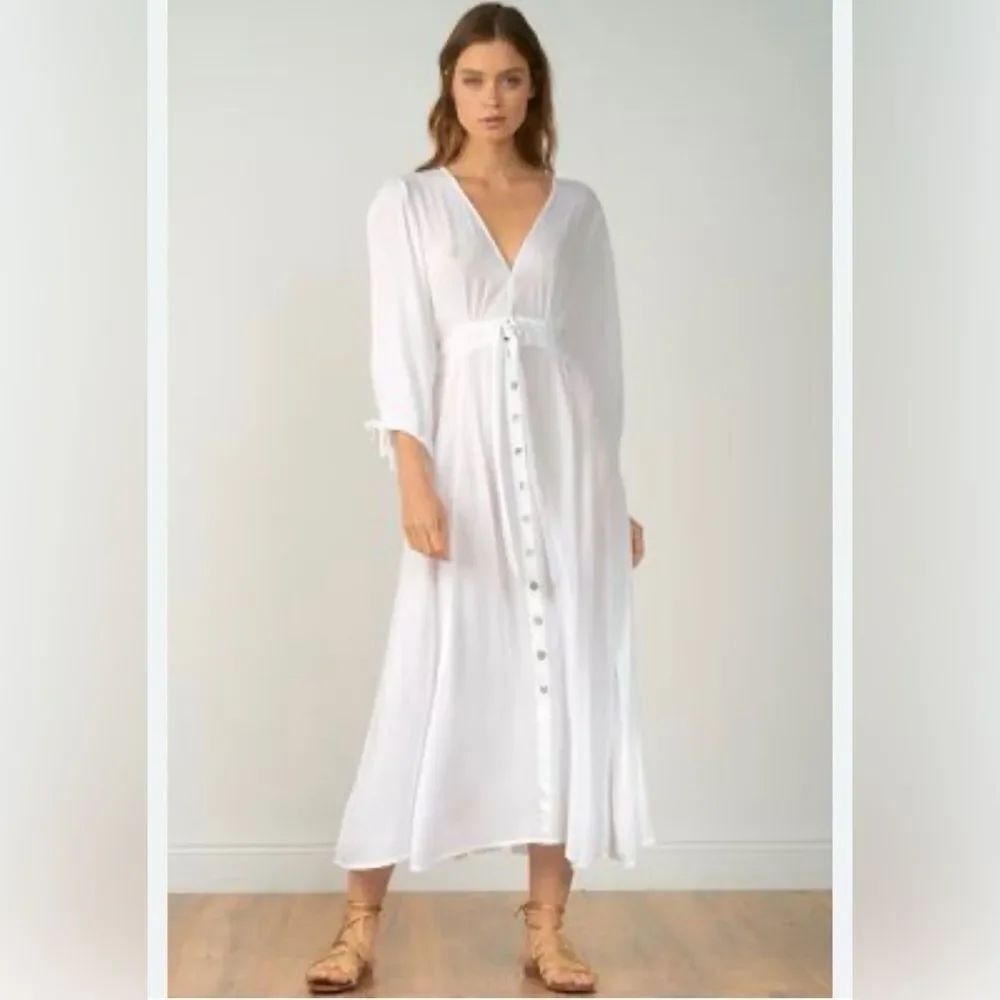 NEW Elan White Deep V-Neckline Tie Waist Long Sleeve Crepe Cover Up Maxi Dress L